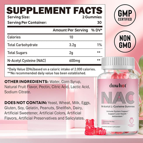 NAC Gummies 600mg, N Acetyl Cysteine Supplement NAC Chewable for Antioxidants & Immune Support, Lung & Liver Health, Natural Strawberry Flavor, 60...