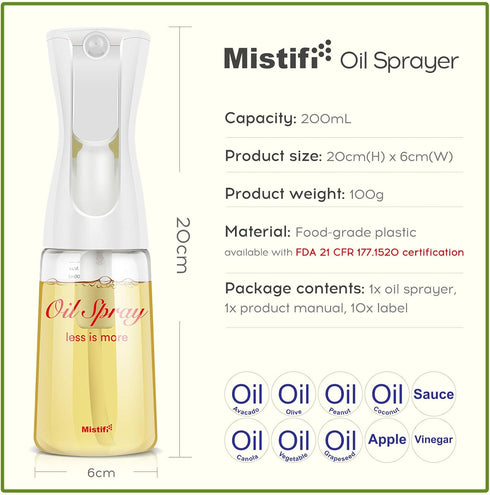 Oliver Oil Sprayer for cooking, Spray bottle 6oz, Non-Aerosol Refillable Dispenser Oil Mister FS600 Less is More...