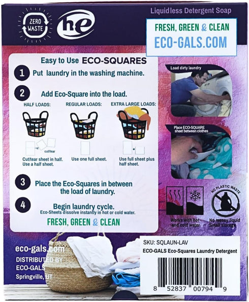 Eco-Squares laundry detergent sheets with zero waste dry soap technology for cleaning linen and clothes in regular and high efficiency top and fro...