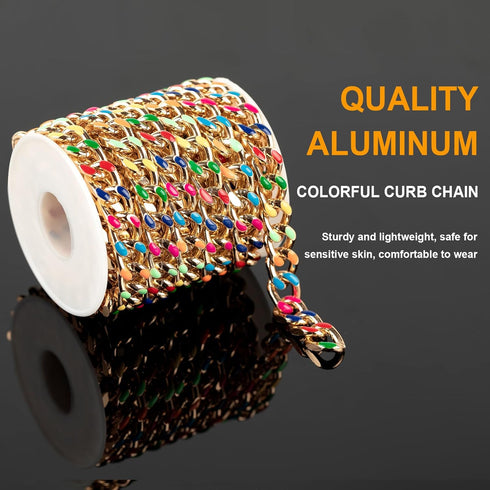 9.8 Feet Colorful Dripping Oil Cuban Chains for Jewelry Making, Gold Plated Aluminum Chain for Necklace Unwelded Twist Curb Chain Roll with Jump R...