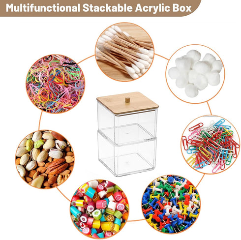 BTSKY Clear Stackable Paper Clip Holder with Bamboo Lid 2-Layer Paperclip Box Thick Acrylic Office Supply Accessory Organizer Square Small Storage...