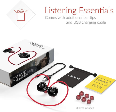 Crave Octane Sport Wireless Bluetooth Earphones, in-Ear Sweat and Water Resistant Stereo Lightweight Headphones Earbuds Premium Sports Headset wit...
