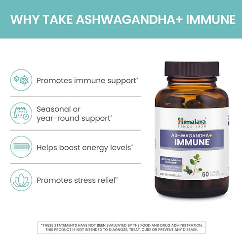 Himalaya Ashwagandha+ Immune with Ashwagandha, Elderberry, Zinc & Vitamin C for Active Immune Support, 60 Capsules, 1 Month Supply, Vegan, Gluten ...