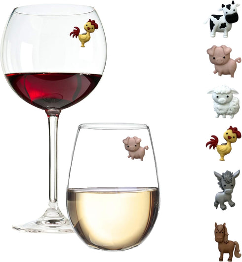 Barnyard Animal Wine Charms – Magnetic Glass Markers and Identifiers Set of 6...