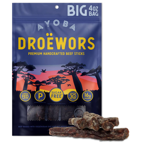Ayoba Traditional Droewors Grass Fed Beef Paleo Sticks (4 Ounce, Pack of 1) - Keto Friendly, Air-Dried Beef Protein Snacks - Low Carb, Gluten Free...