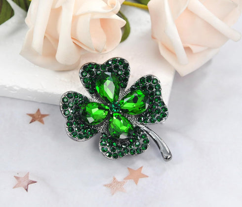 Gyn&Joy Gun Metal Tone Antique Inspired Emerald Green Crystal Rhinestones Four Leaf Clover Brooch Pin...