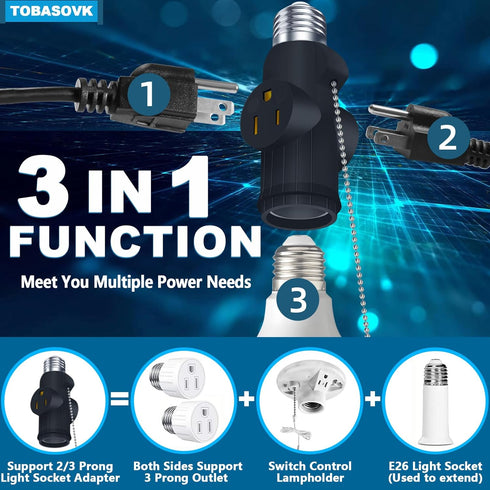 2Pcs Tobasovk 3 Prong Light Socket Adapter, Double Sides Both Support 3 Prong Light Socket to Plug Adapter, Heat-Resistant & Durable Materials Mul...
