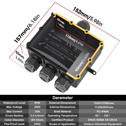 IP68 Waterproof Junction Box, 4-Way Outdoor Cable Connectors with 4 Cable M25 Gland Wire Connector Electrical Junction Box for 4-14 mm Diameter Ca...