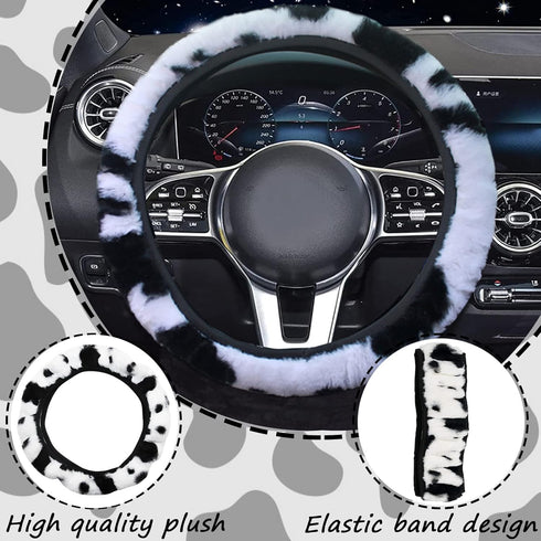 ZYNQACC 10 Pack Cow Print Car Accessories for Women & Girls, Fluffy Plush Cow Steering Wheel Cover Universal 15 inch Cute Car Interior Decor...