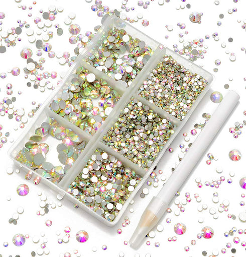 AD Beads 4300 Pieces Flat Back Nail Art Rhinestones Round Beads 6 Sizes (2-6.5mm) with Storage Organizer Box,Rhinestones Picking Pen for Nail Art ...