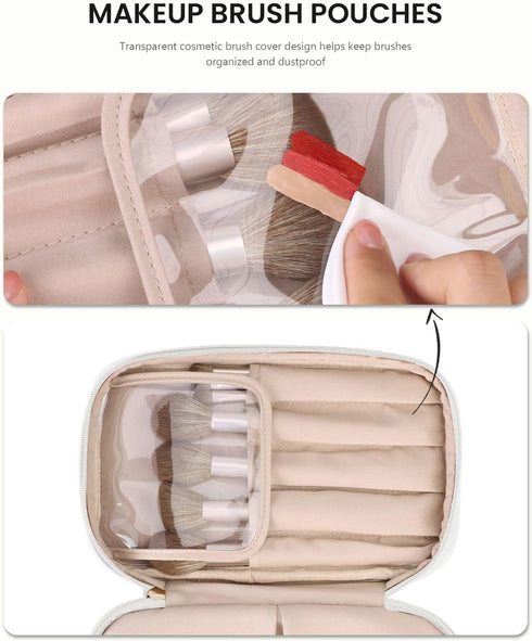 Pocmimut Makeup Bag, Leather Make Up Bag Travel Cosmetic Bags for Women, Large Wide-open Makeup Bag Double Layer Toiletry Bag Make Up Organizer Ca...