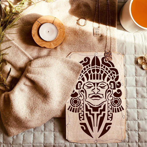 FINGERINSPIRE Mayan Face Stencil 8.3x11.7" PET Tribal Themes Painting Stencils Reusable Aztec Mexico Face Drawing Stencils Wall Hollow Out Sprayin...