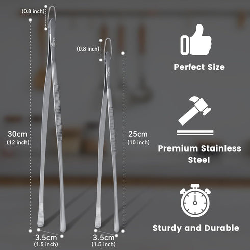 Hotec Stainless Steel Kitchen Tweezers Professional Kitchen Tongs for Cooking,Grill and Baking, Extra-Long Foood Tweezers, Set of 2-10 and 12inch...