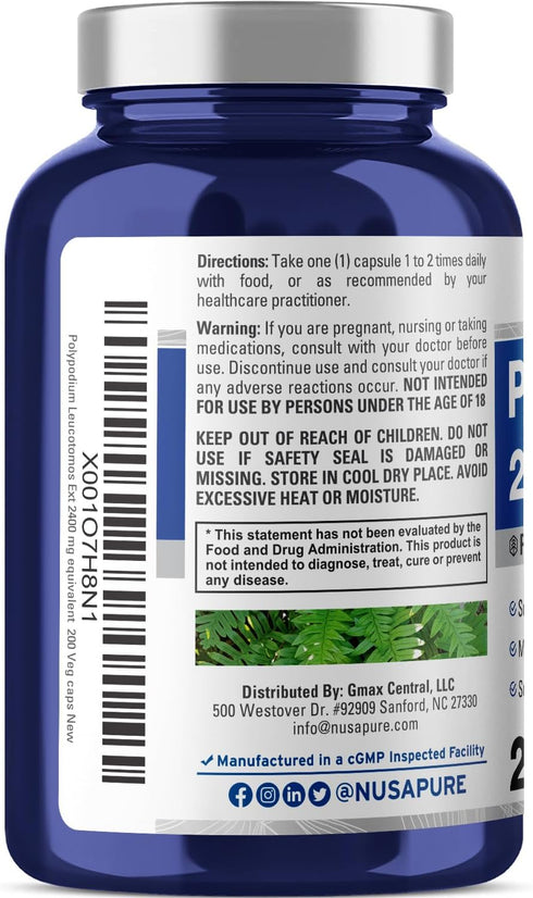 NusaPure Polypodium Leucotomos Extract 2400mg 200 Veggie Capsules (Vegetarian, Non-GMO, Vegan)...