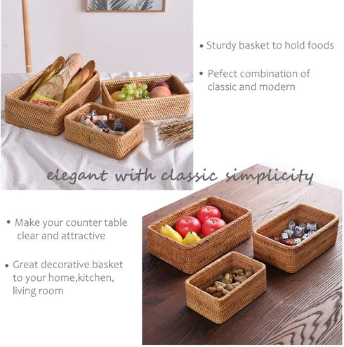 Handmade Rectangle Wicker Fruit Box Rattan Tray Magazine Organizer and Small Objects Container Serving Basket (Medium)...