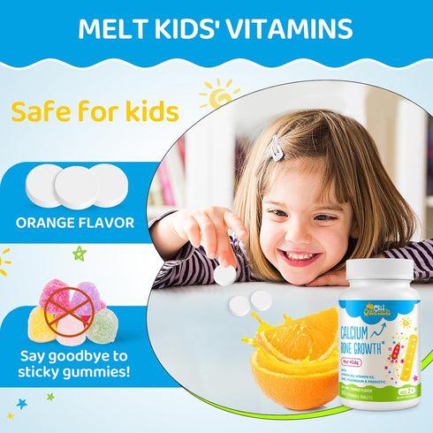 500 MG Calcium Supplement with Vitamin D3 & K2, Zinc, Magnesium & Prebiotics. Kids Vitamins for Kids' Height. Bone Strength, High Absorption, Oran...