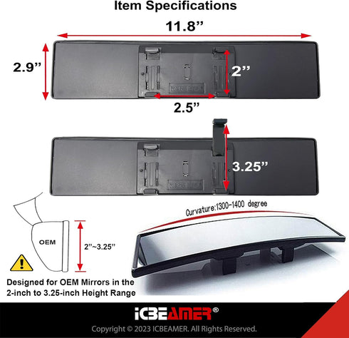 ICBEAMER 11.8 Inch Car Rearview Mirror, Panoramic Wide Angle, HD Clear Tint Glass, Interior Clip On Convex Car Mirror, Anti Glare, Automotive Acce...