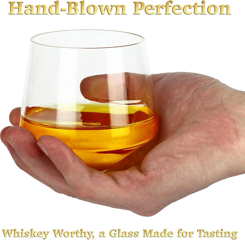 Barbuzzo Rolling Whiskey Glasses (Set of 2) – Hand-Blown Stemless Whiskey Glasses That Roll for Better Aeration – Perfect for a Variety of Spirits...
