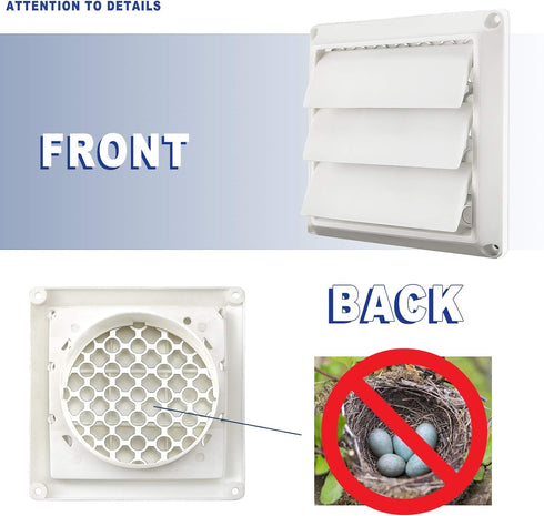 4 Inch White Plastic Louvered Outdoor Vent Cover With Stainless Steel Grille Screen for Dryer, Exhaust Vent cover Widely Used for Dryers and Houses Wall to Keep Rain, Snow, Wind or Birds