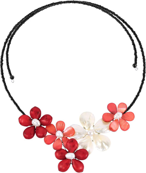 AeraVida Bold Bouquet of Reconstructed Red Coral and Shell Sakura Floral Choker Wrap Necklace...
