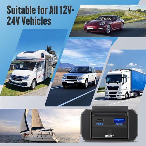 12V RV Type C USB Outlet with Power Switch 36W QC3.0 USB & 55W PD Type C Quick Charge Socket 12V 24V Car Charger RV Switch Panel Car Charger with ...