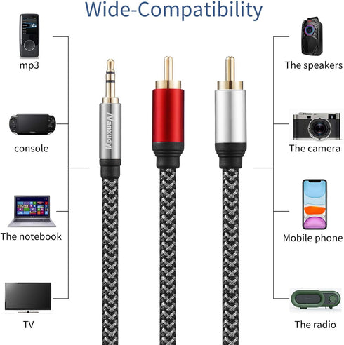 3.5mm to 2RCA Audio Cable 10ft,Nylon-Braided 3.5mm AUX to 2RCA Audio Cable for Stereo Receiver Speaker Smartphone Tablet HDTV MP3 Player & More St...
