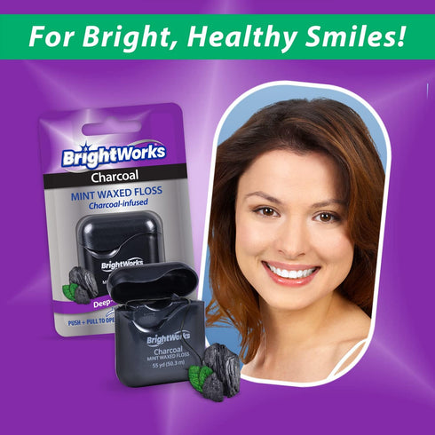 BrightWorks Activated Charcoal Dental Floss - 55 Yards (Pack of 4) - Infused Waxed with Natural Fresh Mint Flavor for Oral Care, Dental Hygiene, a...