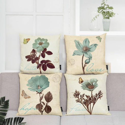 YeeJu Set of 4 Floral Decorative Throw Pillow Covers Plant Pillow Covers Cotton Linen Lotus Leaf Square Pillowcase Flower Outdoor Sofa Bedding Car...