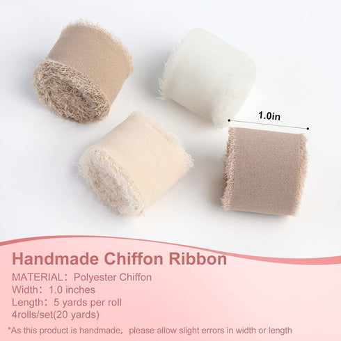 Handmade Fringe Chiffon Silk Ribbon 4 Rolls/1" x 5Yd Per Roll,Nude & Cream Frayed Edges Ribbons Set (1"x20Yd, Nude&Cream)...