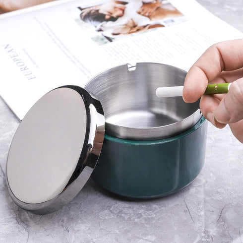 Smokeless Ashtray with Lid Ash Tray with Stainless Steel Liner Inside Cool Ashtrays for Cigarettes Outdoor Patio Home Office Tabletop?Dark Green)...