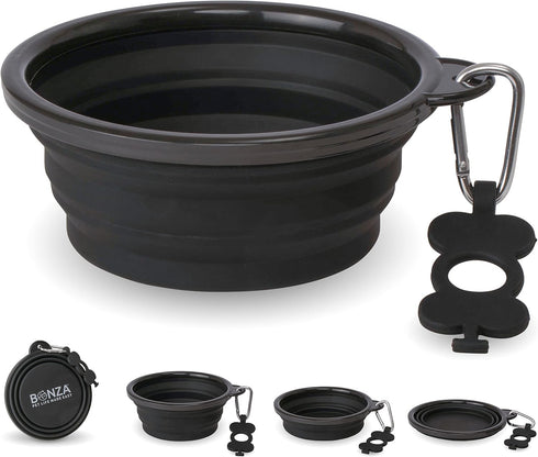 Large Collapsible Dog Bowl 1000 mL, Sturdy Reinforced Rim, includes Carabiner & Water Bottle Holder Keychain, Black...
