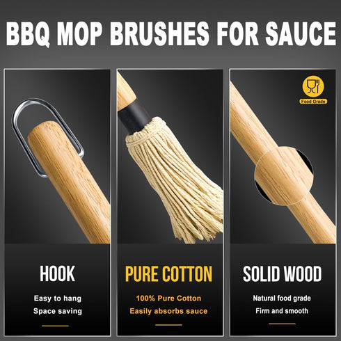 Walfos Basting Brush Silicone and BBQ Mop, Grill Basting Mop with 3 Heads and 2Pcs Pastry Brushes, Wooden Long Handle, Heat Resistant for Grilling...