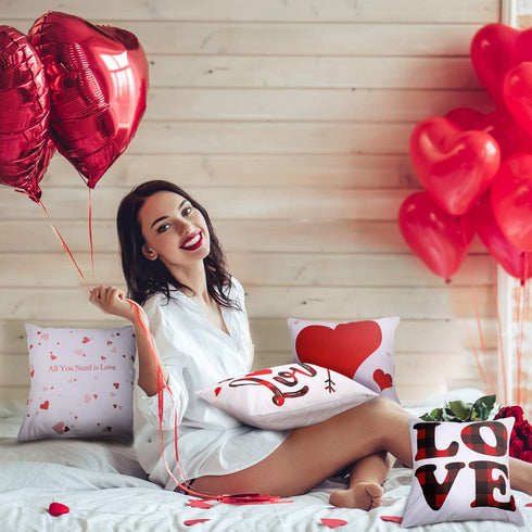 Set of 4 Valentine Throw Pillow Cases 18x18 Inch Romantic Red Heart and Love Cushion Covers for Anniversary Wedding Bedroom Living Room Sofa Couch...