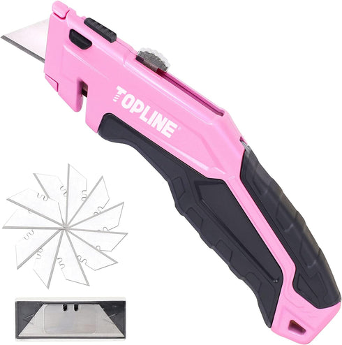 TOPLINE Retractable Pink Utility Knife, Retractable Pink Box Cutter, Blade Storage Design, 18-Piece SK5 Blades and a Dispenser Included (1 PACK(PI...
