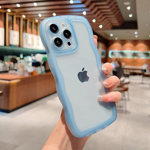 Compatible with iPhone 15 Pro Max Case,Cute Curly Wave Matte Frame Edge Soft Shockproof Protective Cases Clear Cover for Women Girls (Sierra Blue)...