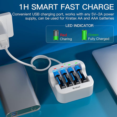AAA Rechargeable Lithium Batteries, 4 Pack 1.5V Kratax 1100mWh Li-ion Triple A Batteries with Fast Battery Charger, Constant Voltage Output, 1600 ...