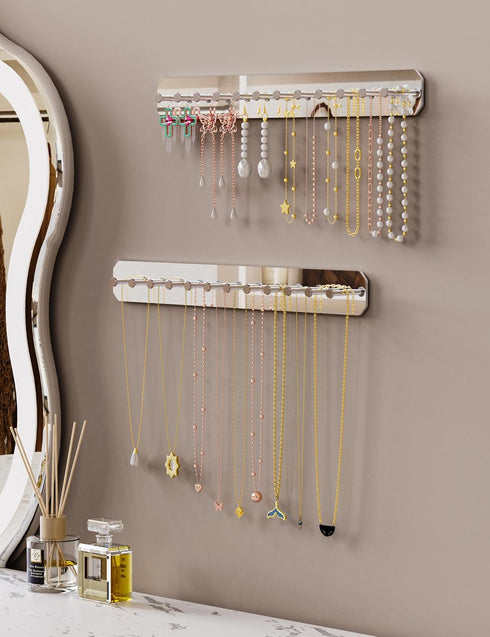 NiHome Wall Mount Acrylic Jewelry Organizer 2-Pack, Sleek Rack Strong Carbon Steel Hooks for Dressing Table, Bathroom, Kitchen, Hassle-Free Instal...
