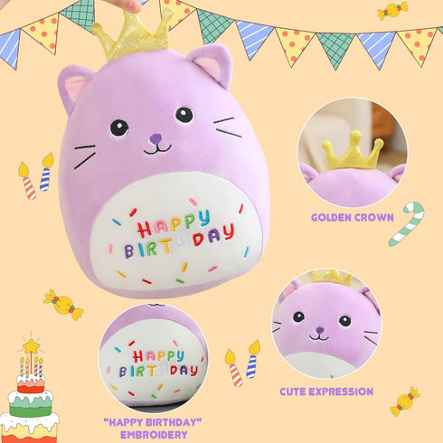 SQEQE Cat Stuffed Animal Kawaii Cat Plushie with Golden Crown Soft Kitty Stuffed Toy Birthday Party Decoration Gift for Kids Girls Boys(Purple Cat...