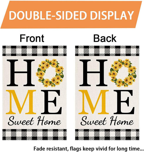 Sunflower Home Sweet Home Garden Flag for Outside Summer Flags for Farmhouse Lawn Outdoor Décor, Burlap Vertical Buffalo Check Plaid Flower Small ...