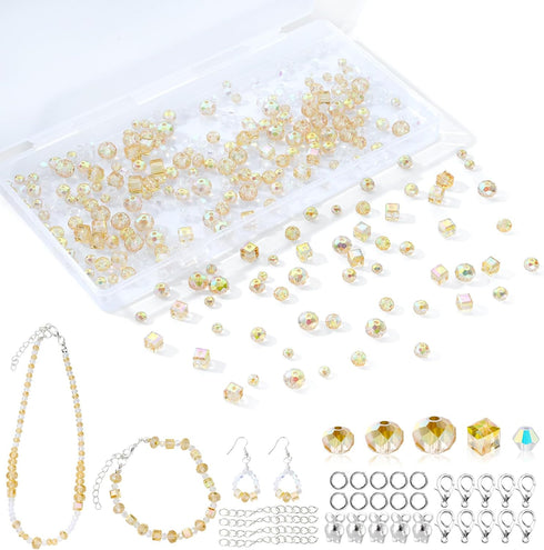 Premium Glass Crystal Beads for Bracelets Making Kit, 250pcs Showy Gold Crystal Beads for Jewelry Making Kit, 4/6/8mm Crystal Beads & Bead Assortm...