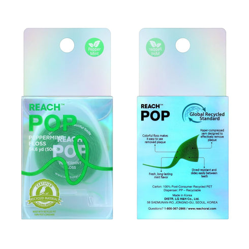 REACH POP Dental Floss, Peppermint, Vegan Wax, Plaque Remover, PFAS-Free, Shred Resistant, Cruelty Free, Eco Friendly PCR Packaging Floss Holder, ...