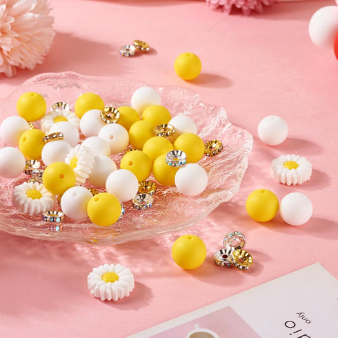 Craftdady Daisy Flower Silicone Focal Beads Kit 30Pcs 15mm Round Beads Yellow White Glass Rhinestone Spacer Beads for Spring Crafts DIY Beadable P...