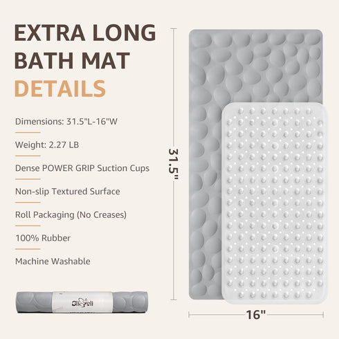 Bligli Non Slip Bathtub Mat, 16x31.5 Inch Standard Non-Slip Bathmats with Strong Suction Cups, Soft Rubber Anti-Slip Bathroom Floor Mat, Machine W...