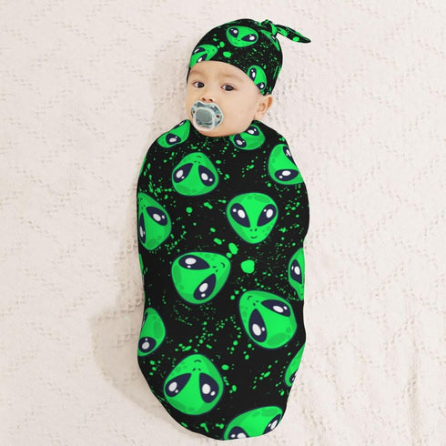 Green Alien Head Newborn Swaddle Blankets Hat Sets Soft Baby Receiving Blanket Swaddle Sack for Baby Shower Infant Boy Girl Gift...