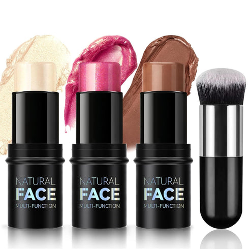 3Pcs Contour Highlighter Cream Blush Stick for Cheeks Eyes Lips Lightweight Dewy Finish Blush Stick Waterproof Long Lasting Contour Stick Trio Wan...