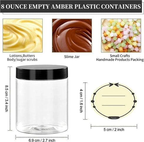 TUZAZO 8 Oz Plastic Container Jars with Lids and Labels BPA Free, Empty Round Clear Cosmetic Containers Plastic Slime Jars for Lotion, Cream, Oint...