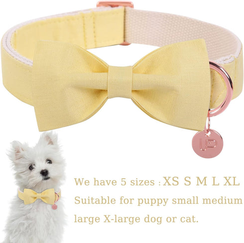 Yellow Dog Collar with Bow Tie, Comfortable Cotton Bowtie Collar with Metal Buckle for Extra Large Dogs, Bow Tie Dog Collar for Girl Boy Dogs, XL,...