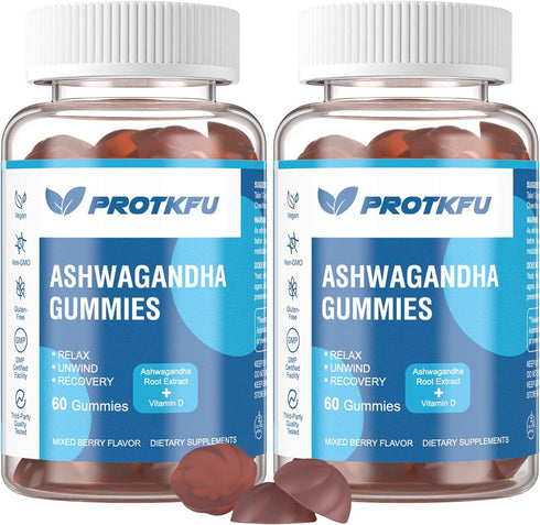 2 Pack Ashwagandha Gummies & Vitamin D Gummies Organic Aswangdha Supplement for Improve Sleep, Stress Relief & Mood Calm (Non-GMO, Gluten-Free & S...