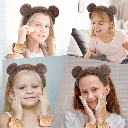 Bear Ears Headband Spa Headband and Wristband Set, Animal Ear Headband, Cute Ear Headband, Skincare Headbands for Party Cosplay Makeup Washing Fac...