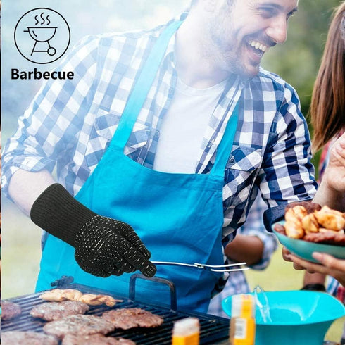 Heat Resistant BBQ Gloves for Hot Temperature Cooking, Barbecue Grilling or Baking Bread Pizza, Safe Oven Mittens with Fingers...